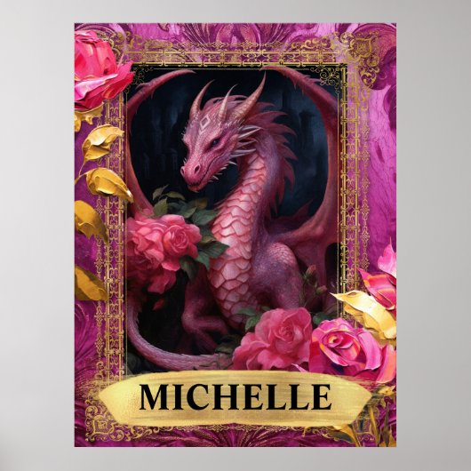 Romantische Fuchsia Draak en Rozen Fantasie Poster (Voorkant)