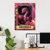 Romantische Fuchsia Draak en Rozen Fantasie Poster (Thuiskantoor)