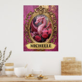 Romantische Fuchsia Draak en Rozen Fantasie Poster (Keuken)