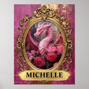 Romantische Fuchsia Draak en Rozen Fantasie Poster