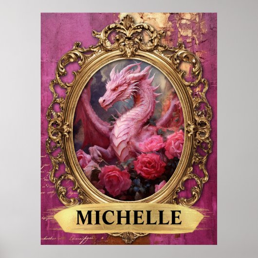 Romantische Fuchsia Draak en Rozen Fantasie Poster (Voorkant)