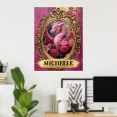 Romantische Fuchsia Draak en Rozen Fantasie Poster (Thuiskantoor)