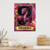 Romantische Fuchsia Dragon en Rozen Fantasy Poster (Keuken)