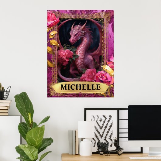 Romantische Fuchsia Dragon en Rozen Fantasy Poster (Thuiskantoor)