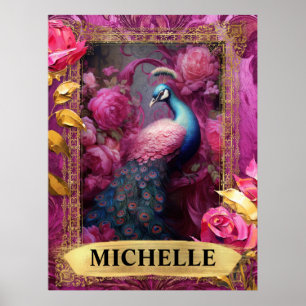Romantische Fuchsia Pauw en Rozen Fantasie Poster
