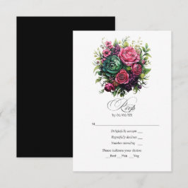 Romantische Fuchsia, Smaragdgroene & Zwarte Bloeme RSVP Kaartje