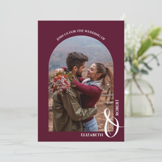 Romantische Gebogen Foto Bordeaux Trouw Kaart (Staand voorkant)