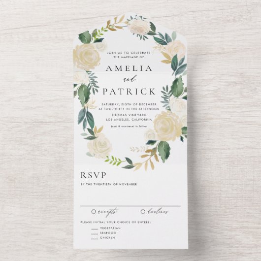 Romantische gedempte bloemenkrans Botanische bruil All In One Uitnodiging (Binnen)