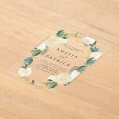 Romantische gedempte bloemenkrans met groen bruilo acryl uitnodigingen (Laagn)