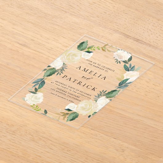 Romantische gedempte bloemenkrans met groen bruilo acryl uitnodigingen (Laagn)