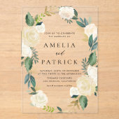 Romantische gedempte bloemenkrans met groen bruilo acryl uitnodigingen (Voorkant)