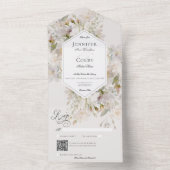 Romantische gedempte witte & roze bloemige QR-code All In One Uitnodiging (Binnen)