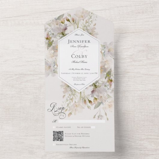 Romantische gedempte witte & roze bloemige QR-code All In One Uitnodiging (Binnen)