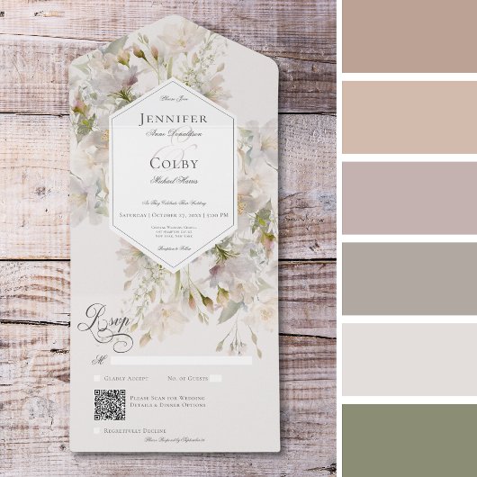 Romantische gedempte witte & roze bloemige QR-code All In One Uitnodiging