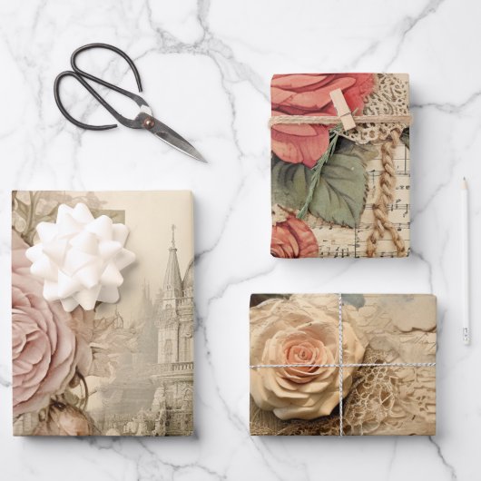 Romantische  geïnspireerde roze bloem inpakpapier vel (Voorkant)