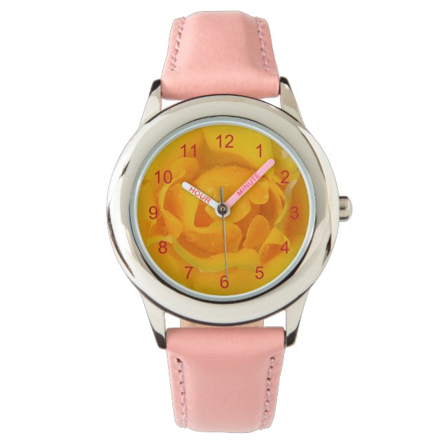 Romantische Gele Rozenwaterdruppels Horloge (Voorkant)