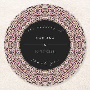 Romantische geometrische mandala zachte roze zwart ronde kartonnen onderzetter