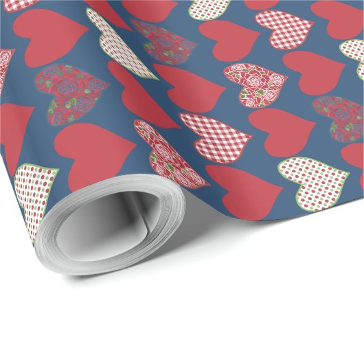 Romantische Giftwrap, Harten op Midnight Blue Cadeaupapier (Rol Hoek)