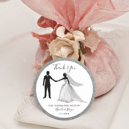Romantische glitter met bruid en bruidegom bedankt ronde sticker