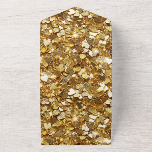 Romantische Gold Glam Glitzy Sparkle Hearts Weddin All In One Uitnodiging (Buitenkant)