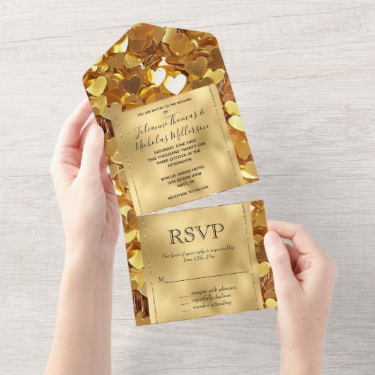 Romantische Gold Glam Hearts Wedding All In One Uitnodiging (Afscheurbaar)