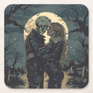 Romantische gotische cartoon van een skelet en vro kartonnen onderzetters