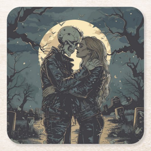 Romantische gotische cartoon van een skelet en vro kartonnen onderzetters (Voorkant)