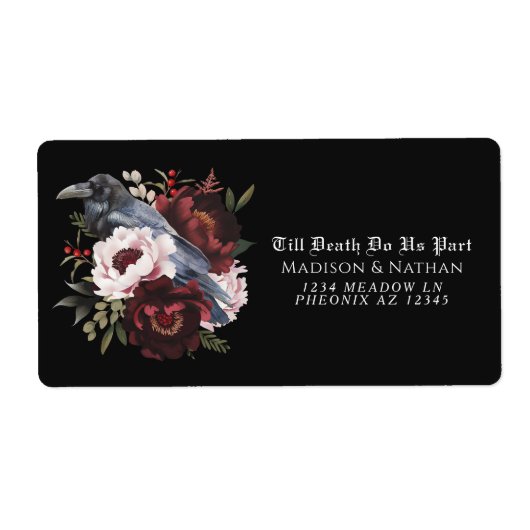 Romantische Gotische Waterverf Raven Floral Weddin Etiket (Voorkant)