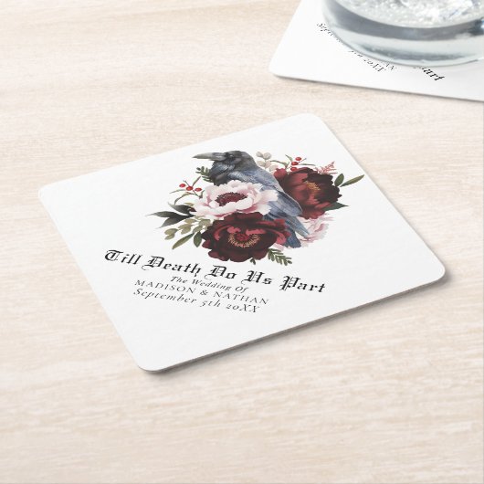 Romantische Gotische Waterverf Raven Floral Weddin Kartonnen Onderzetters (Schuin)