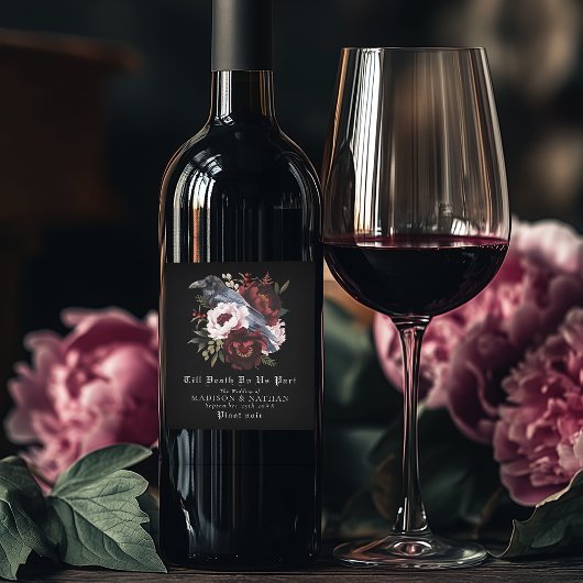 Romantische Gotische Waterverf Raven Floral Weddin Wijn Etiket