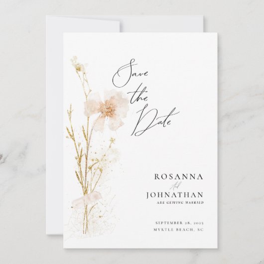 Romantische Goud en Blush Geperste Bloemen Save The Date (Voorkant)
