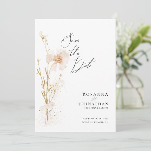 Romantische Goud en Blush Geperste Bloemen Save The Date (Staand voorkant)