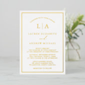 Romantische goud folie monogram rand bruiloft uitnodiging (Staand Voorkant)