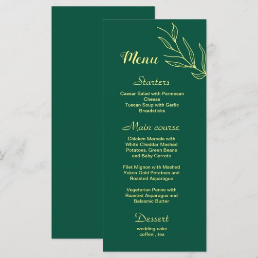 Romantische gouden bloem smaragdgroene bruiloft menu (Voorkant / Achterkant)