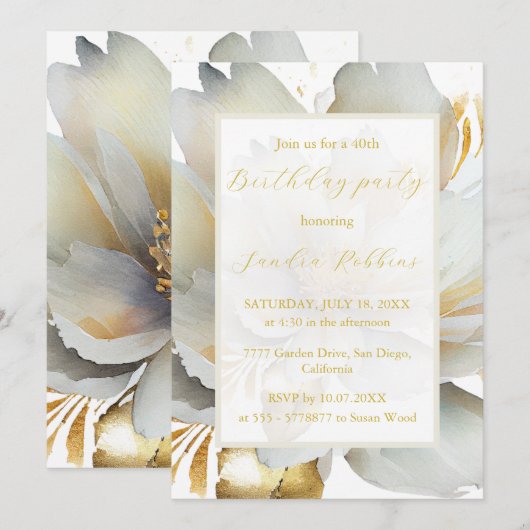Romantische gouden bloem Verjaardag Uitnodiging (Voorkant / Achterkant)