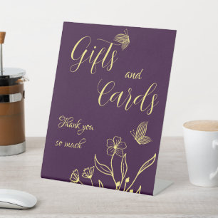 Romantische gouden bloemen paarse bruiloft cadeau reclamebord met voetstuk