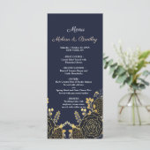 Romantische gouden bloemenmarine blauw bruiloft me programmakaart (Staand voorkant)