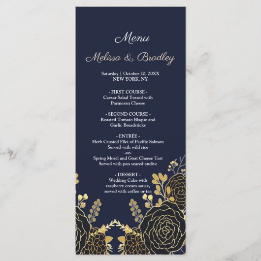 Romantische gouden bloemenmarine blauw bruiloft me programmakaart (Voorkant)