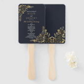 Romantische gouden bloemnavyblauwe hand handwaaier (Voorkant en achterkant)