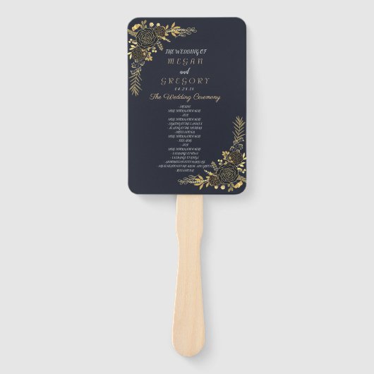 Romantische gouden bloemnavyblauwe hand handwaaier (Voorkant)