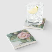 Romantische gouden blos roze roos bloemige bruidsd stenen onderzetter (Zijkant)