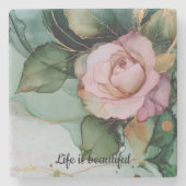 Romantische gouden blos roze roos bloemige bruidsd stenen onderzetter (Voorkant)