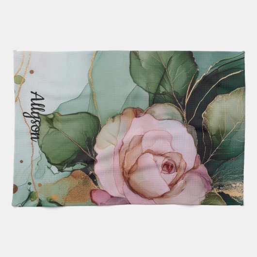 Romantische gouden blos roze roos bloemige bruidsd theedoek (Horizontaal)