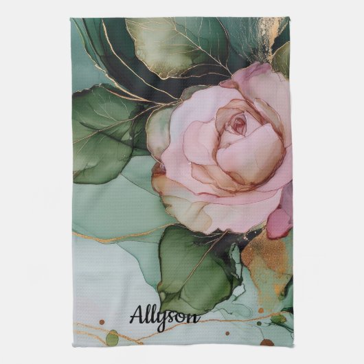 Romantische gouden blos roze roos bloemige bruidsd theedoek (Verticaal)