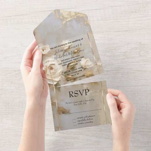 Romantische gouden crème witte rozen all in one uitnodiging (Afscheurbaar)