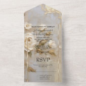 Romantische gouden crème witte rozen all in one uitnodiging (Binnen)