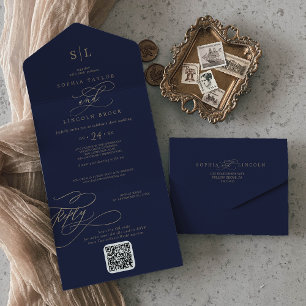 Romantische gouden en marineblauwe monogram QR-cod All In One Uitnodiging