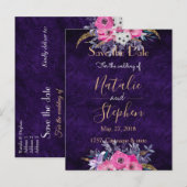 Romantische gouden en paarse bloemige trouwcollect aankondigingskaart (Voorkant / Achterkant)