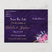 Romantische gouden en paarse bloemige trouwcollect aankondigingskaart (Achterkant)