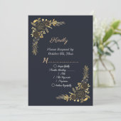 Romantische gouden Floral Navy Blue RSVP kaart (Staand voorkant)